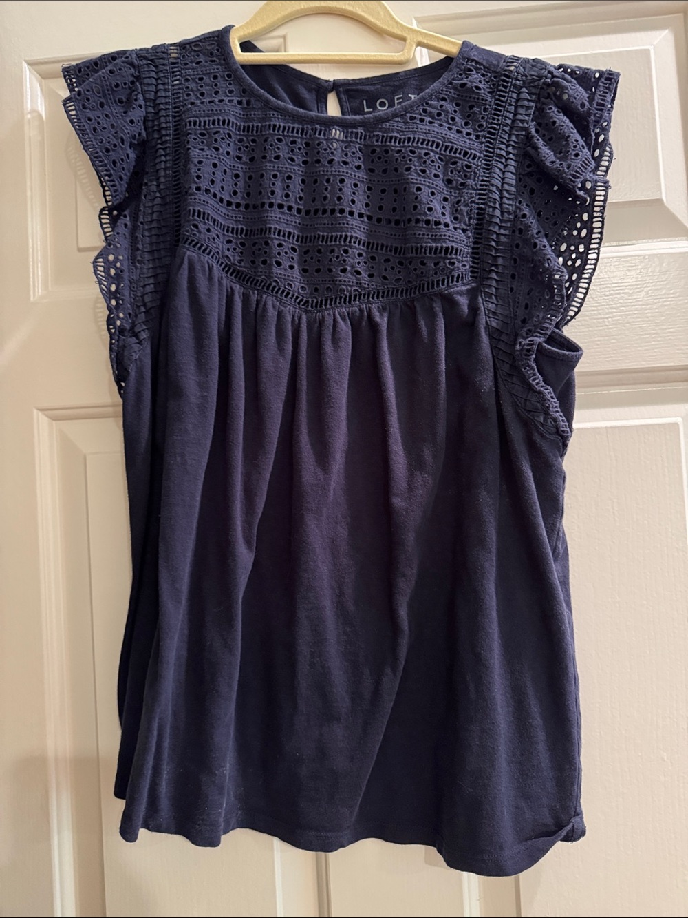 LOFT Navy Eyelet Flutter Sleeve Blouse